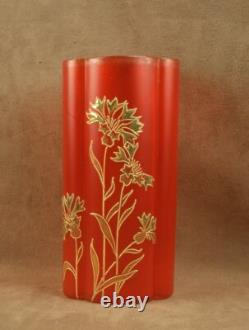 Bel Ancien Vase En Verre Emaille A L'or Art Nouveau Decor Oeillets