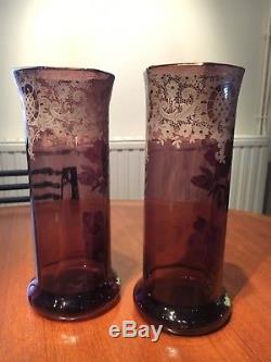 Belle Paire De Vase Art Nouveau En Verre Émaillé Violet, Motif Floral Legras