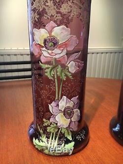 Belle Paire De Vase Art Nouveau En Verre Émaillé Violet, Motif Floral Legras
