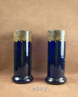 Belle Paire De Vases En Verre Emaillé Art Nouveau Decor De Coq Legras