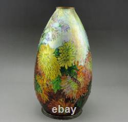 Camille Fauré Enamel Chrysanthemum Vase. Grand vase art nouveau C. Fauré limoges