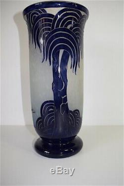 Charder & Le Verre Français Vase Bleu Palmier Art Nouveau Art Deco 1925