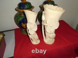 Chine. 2 Vases Art-nouveau. Sculptes De Fleurs De Lotus, Herons, Gazelle. 1900