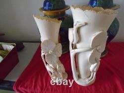 Chine. 2 Vases Art-nouveau. Sculptes De Fleurs De Lotus, Herons, Gazelle. 1900