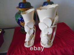 Chine. 2 Vases Art-nouveau. Sculptes De Fleurs De Lotus, Herons, Gazelle. 1900