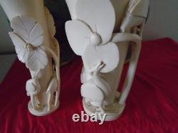 Chine. 2 Vases Art-nouveau. Sculptes De Fleurs De Lotus, Herons, Gazelle. 1900
