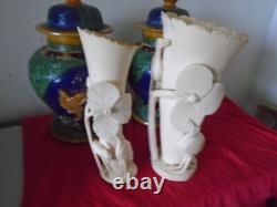 Chine. 2 Vases Art-nouveau. Sculptes De Fleurs De Lotus, Herons, Gazelle. 1900