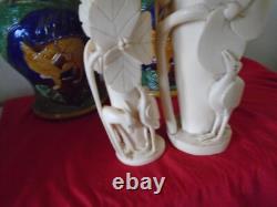 Chine. 2 Vases Art-nouveau. Sculptes De Fleurs De Lotus, Herons, Gazelle. 1900