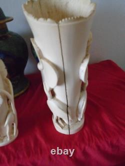 Chine. 2 Vases Art-nouveau. Sculptes De Fleurs De Lotus, Herons, Gazelle. 1900