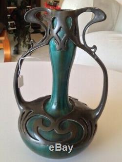 Curieux Vase en Céramique Grés Flammé Art nouveau et Etain Massier