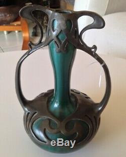 Curieux Vase en Céramique Grés Flammé Art nouveau et Etain Massier