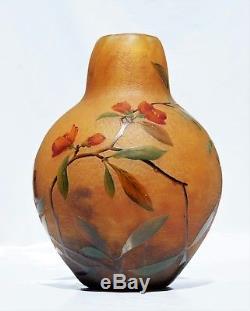 DAUM NANCY GROS Vase Cognassier du Japon Pâte de Verre Gravé Émaillé Art Nouveau