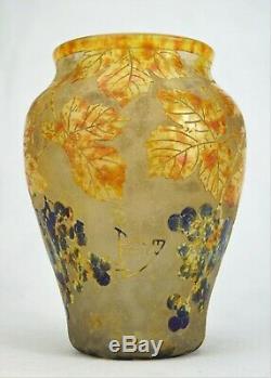 Daum Nancy Beau Vase Pampres de Vigne Verre Gravé & Vitrification de Poudres