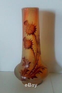 Daum vase Art nouveau miniature Chardon Rouge orange givré travail acide émaillé