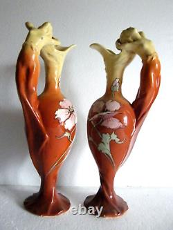 Delphin Massier Vallauris Paire D Aiguieres Vase Bacchus Femme Art Nouveau