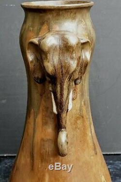 Denbac Grand Et Rare Vase Aux Elephants En Gres Epoque Art Nouveau 1900 Ht. 30cm