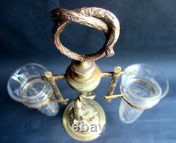 Double Porte-bouquet Art Nouveau, Héron bronze doré et 2 vases cristal ciselé