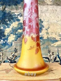 Émile Gallé Grand Vase De 63 Cm Aux Groseilles, Roses Et Jaune, Art Nouveau