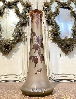 Emile Gallé Grand Vase Tube 48 Cm Décor De Glycines, Pate De Verre Art Nouveau