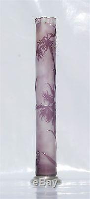 Emile Gallé Rare Vase Rouleau Japonisant Pâte de Verre Gravé Art Nouveau Ht22cm