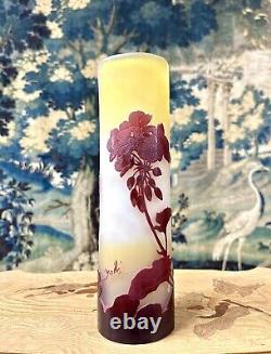 Émile Gallé Vase Rouge De Forme Tube Aux Orchidées, Pate De Verre Art Nouveau