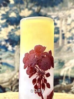 Émile Gallé Vase Rouge De Forme Tube Aux Orchidées, Pate De Verre Art Nouveau
