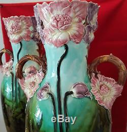 Enorme Pair Majolica Majolique Barbotine Paire Vases Art Nouveau