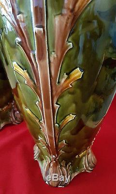 Enorme Pair Majolica Majolique Barbotine Paire Vases Art Nouveau