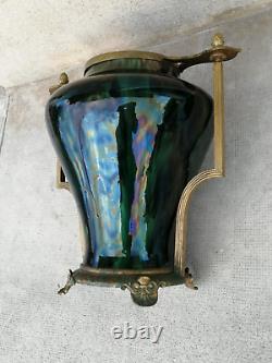 Énorme vase irisé art nouveau 1900 monture bronze iridescent ceramic hasselt