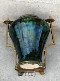 Énorme vase irisé art nouveau 1900 monture bronze iridescent ceramic hasselt
