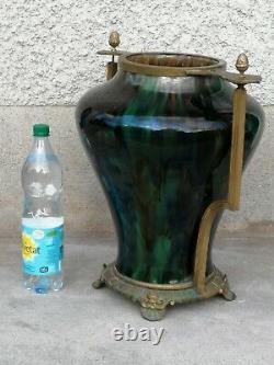 Énorme vase irisé art nouveau 1900 monture bronze iridescent ceramic hasselt