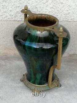Énorme vase irisé art nouveau 1900 monture bronze iridescent ceramic hasselt