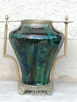 Énorme vase irisé art nouveau 1900 monture bronze iridescent ceramic hasselt
