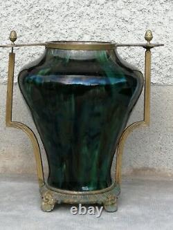 Énorme vase irisé art nouveau 1900 monture bronze iridescent ceramic hasselt