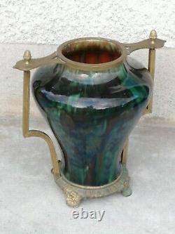 Énorme vase irisé art nouveau 1900 monture bronze iridescent ceramic hasselt