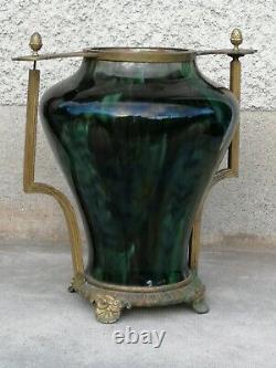 Énorme vase irisé art nouveau 1900 monture bronze iridescent ceramic hasselt