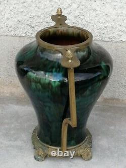 Énorme vase irisé art nouveau 1900 monture bronze iridescent ceramic hasselt