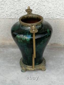 Énorme vase irisé art nouveau 1900 monture bronze iridescent ceramic hasselt
