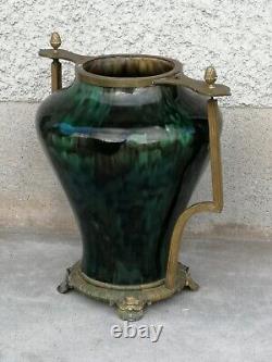 Énorme vase irisé art nouveau 1900 monture bronze iridescent ceramic hasselt