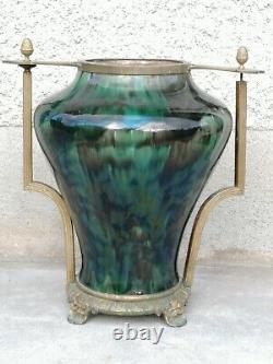 Énorme vase irisé art nouveau 1900 monture bronze iridescent ceramic hasselt
