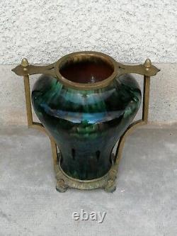 Énorme vase irisé art nouveau 1900 monture bronze iridescent ceramic hasselt