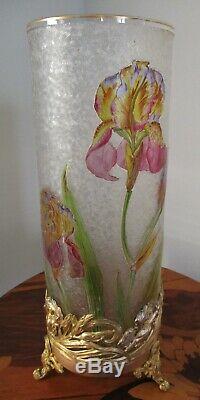 Exceptionnel Vase aux Iris dégagé à l'acide BACCARAT monture laiton Art Nouveau