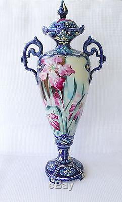Fabulous Art Nouveau Noritake Moriage Iris Bolted Vase & Cover # 1