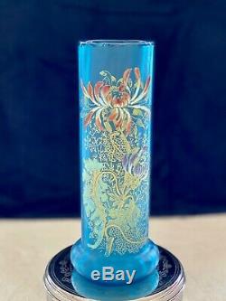 François T. Legras Vase tubulaire en verre soufflé givré émaillée Art Nouveau