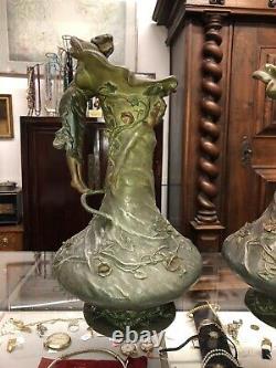 GRISARD Désiré. Art Nouveau Paire De Vases A Decor De Femmes En Régule HT43 Cms