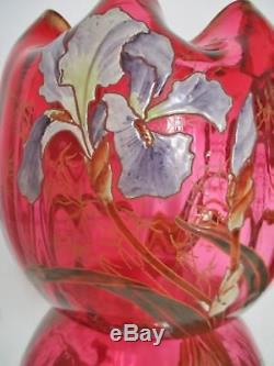 GROS VASE boule LEGRAS VERRE émaillé aux Iris FOND ROUGE Art Nouveau 1900