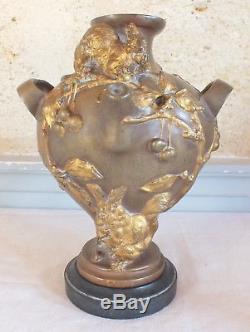 Gourde vase bronze doré art nouveau feuilles fruits rongeurs marbre