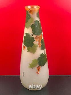 Grand Vase Art Nouveau En Pâte de Verre Peint Signé LEUNE 41 cm