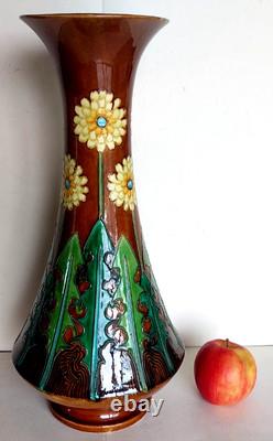 Grand Vase en barbotine Art Nouveau Majolica Jugendstil Massier Sarreguemines