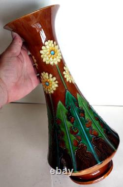 Grand Vase en barbotine Art Nouveau Majolica Jugendstil Massier Sarreguemines
